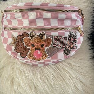 Pink Checkerboard Bum Bag with Cute Cow Patch